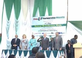 Dr Goosby (1st left) Mrs Oshibajo (middle) and Dr Vaz (1st right) at the opening ceremony of the TB conference