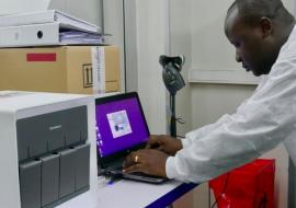 A GeneXpert diagnostic testing set-up in the INRB lab in Kinshasa. This diagnostic tool was adapted during the outbreak of Ebola in West Africa to rapidly test for the disease. Results are ready in one hour. Photo: WHO/A. Clements-Hunt