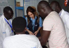 Ms Marina Adrianopoli, Technical Officer for Nutrition, monitoring the utilization of the WHO SAM kits at the IMC clinic in Juba POC