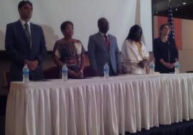 Dignitaries at the ceremony with Prof. JM Dangou in the middle flanked by the US Ambassador (l) and Hon. Minister for Health and Social Welfare (r)