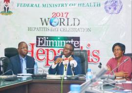 L-R Dr Mapzanje, Professor Adewole Dr Evelyn Ngige, Director public Health at the Press Briefing in Abuja