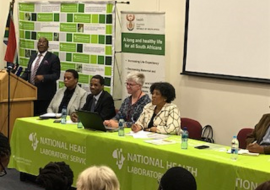 Dr Aaron Motsoaledi (Minister of Health), Ms Aneliswa Cele (Chief director, Environmental Health), Dr Brian Chirombo (OIC, WHO), Dr Kerrigan McCarthy (IMT Lead, NICD),  Ms Precious Matsoso (DG, Health)