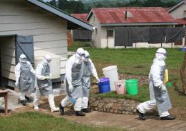 Health workers going through the drills of donning and doffing Personal Protective Equipment during an outbreak of Marburg Hemorrhagic fever in Kapchorwa district, eastern Uganda in 2017. 