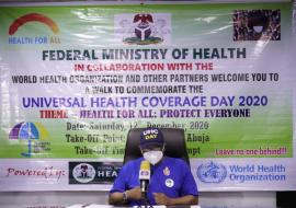 The Minister of Health Dr Osagie Ehanire at the UHC Day Press Conference in Abuja.