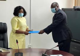 Dr Kasolo presenting his letter of credence to the Hon Minister for Foreign Affairs, Hon Shirley Ayorkor Botchway