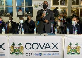 Dr Austin Hinga Demby, Minister of Health and Sanitation delivering the keynote statement at the event to mark arrival of the first batch of COVID-19 vaccine in Sierra Leone under the COVAX Facility