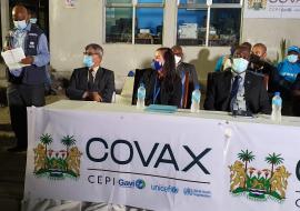 Dr Steven Velabo Shongwe, WHO Representative in Sierra Leone delivering a statement at the event marking the arrival of teh first COVID-19 COVAX vaccine in Sierra Leone
