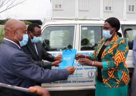 Mr Kanu and Dr Ndenzako handing over the keys to Honorable Minister for Health, Honorable Elizabeth Achuei