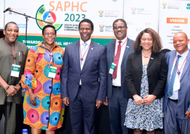 A distinguished lineup from left to right: Dr. John Koku Awoonor-Williams (WHO South Africa), Dr. Sithembile Dlamini-Nqeketo (WHO South Africa) Deputy Minister Sibongiseni Dhlomo (NDOH), Dr. Owen Kaluwa WHO South Africa Representative, Dr Nonhlanhla Dlamini WHO Ethiopia Deputy Country Representative and Mr. Thulani Masilela from the Department of Planning, Monitoring, and Evaluation (DPME), captured in a memorable photo moment during SAPHC 2023 in East London.