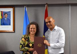 WR, Dr Ancia, and the Minister of Health, Dr Jagatpal, after signing the new Biennial Workplan 2024-2025