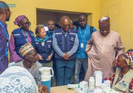 Figure 1WHO delegates led by the country rep, Dr Mulombo and the health Commissioner at the Bakasi IDP camp in Maiduguri, Borno state.