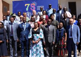 Front line from left to right: Celia Kaunatjike, WHO Namibia, Mr Eugene Tedekule, Executive Director, National Road Safety Council, Mr Jonas Sheelonog, Deputy Executive Director, Ministry of Works and Transport, Hon. Dr Ester Muinjangue, Deputy Minister of Health and Social Services, Dr Richard Banda, WHO Namibia Representative, Mrs Binta Sako, WHO AFRO, Dr Kacem Iaych, WHO Geneva 