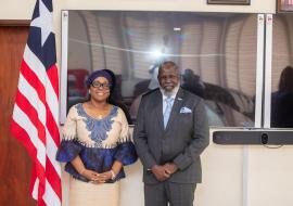 WHO Representative Dr Olushayo Olu with Liberia's Minister of Foreign Affairs H.E. Sara Beysolow Nyanti