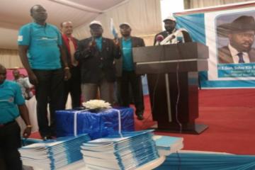 The President of the Republic of South Sudan, Gen Salva Kiir launching the National Malaria Strategic Plan, 2014 to 2021. Next to the President is the Minister of cabinet affairs, Hon Martin; Holding the Malaria Strategic Plan (Center) is the Minister of Health, Dr Reik Gai Kok, Left is the Under Secretary Dr Makur Matur and behind is the WHO South Sudan Country Representative Dr Abdi Aden Mohamed.