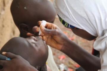 Vaccinator drops oral polio vaccine into the mouth of eligible child - Igabi LGA