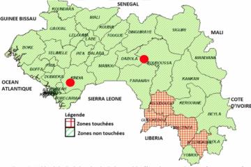 Epidemiological situation in Guinea, with affected areas and areas of emergence of new cases, as at 3rd April 2014
