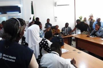 The Minister for Health, Community Development, Gender, Elderly and Children, Hon Ummy Mwalimu and Deputy Minister, Hon. Dr. Hamis Kigwangala, conducting a press Conference on the cholera situation in Tanzania.