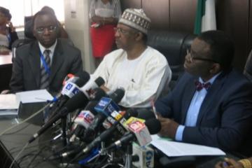 (L-R) Dr Rex Mpazanje of WHO, Dr Osagie Ehanire, Minister of State for Health and Professor Adewole at the press briefing