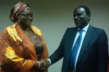 (L-R) Her Excellency, Mrs. Omolewa Ahmed, 1st Lady of Kwara State being welcomed to the WHO office at the UN House, Abuja Nigeria