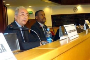 L-R: Dr. Khaled Bessaoud, Acting Country Representative to WHO Ethiopia, Dr Amha Kebede, Acting Director General of the EHNRI, delivering opening remarks, UN ECA, Addis Ababa, 28 August