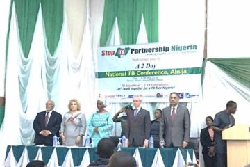 Dr Goosby (1st left) Mrs Oshibajo (middle) and Dr Vaz (1st right) at the opening ceremony of the TB conference