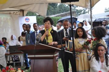 Dr Margaret Chan speaking at the vaccination event.