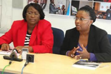 Left to right: The Namibian Red Cross Society, Executive Secretary, Ms Dorcas Kapembe-Haiduwa and WHO Representative to Namibia, Dr Magda Robalo partner in health response through training of 200 Red Cross volunteers to avert disease outbreaks.