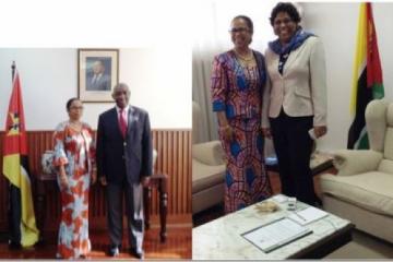 Representante da OMS, Dra. Djamila Khady Cabral: À esquerda: Com Sua Excelência o Ministro dos Negócios Estrangeiros e Cooperação, Dr. Oldemiro Baloi À Direita: Com Sua Excelência a Ministra da Saúde, Dra. Nazira Vali Abdula