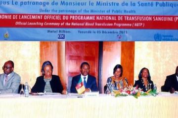 The Minister of Public Health, in the middle; on his right, Professor Sinata Koulla-Shiro, Dr Aristide Ateba Etoundi; on his left, Dr Charlotte Faty Ndiaye, Dr Omotayo Bolu and Mr Ambahe Dieudonné Edang