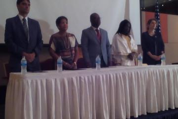 Dignitaries at the ceremony with Prof. JM Dangou in the middle flanked by the US Ambassador (l) and Hon. Minister for Health and Social Welfare (r)