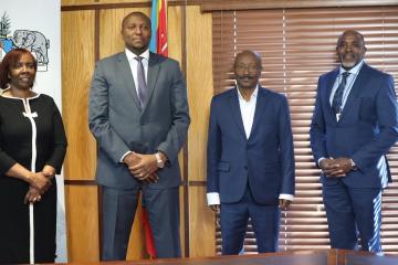 Prime Minister of the Kingdom of Eswatini Mr. Russell Dlamini with the WHO Representative Dr Susan Tembo, AFRO Senior Health Emergency Officer Dr Solomon Fisseha Woldetsadik, and UN Eswatini Resident Coordinator Mr. George Wachira during a consultation meeting with the PM in his offices in Mbabane