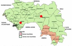 Epidemiological situation in Guinea, with affected areas and areas of emergence of new cases, as at 3rd April 2014