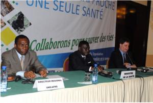 L-R Dr Sambo, RD AFRO, HE prof Léon N’Zouba and HE Eric Benjaminson, USA Ambassador to Gabon