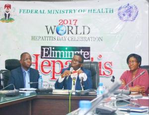 L-R Dr Mapzanje, Professor Adewole Dr Evelyn Ngige, Director public Health at the Press Briefing in Abuja