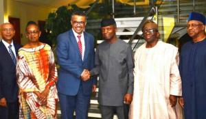 L-R WHO  Representative to Nigeria,  Regional Director for Africa, Director General, Nigeria's Vice President , Minister of Health and Minister of State for Health