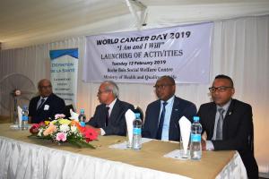 Dr B. Ori, Director Health Services, Dr Hon. A. Husnoo, Minister of Health and Quality of Life, Dr L. Musango, WHO Representative in Mauritius and the Lord Major of the Municipal Council of Port Louis, Mr Daniel Eric Clive Laurent attending the official launching of activities in the context of the World Cancer Day 2019