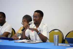 A participant engaging in discussion during the event