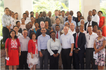 Group photo of the participants at the opening of the JEE workshop (front row, fifth and sixth from the left, WHO Liaison Officer Dr Gakuruh and Minister of Health Honorable Adam) 
