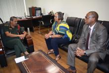 Dr Joy St John, Assistant Director-General Climate and Other Determinants of Health , WHO Geneva and Dr L. Musango, WHO Representative in Mauritius, during a meeting held at the National Disaster Risk Reduction and Management Centre in Mauritius 