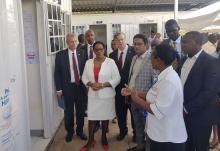 A health worker speaks to health CS Kariuki when she visited Mama Lucy Kibaki Hospital in commemoration of World TB Day. She was accompanied by health officials and stakeholders as well as Mr Robert Godec (left) US Ambassador to Kenya and Dr Rudi Eggers, WHO Representative, Kenya (4th right)