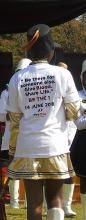Message on a T shirt urging people to donate blood