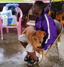 A dog owner awaits vaccination of  his dog during the commemoration of World Rabies Day in New Kru Town