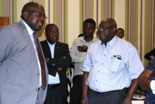 Professor Bartholomew Dicky Akamori (right) from WHO/AFRO speaking with the Minister of Health Dr. Chitalu Chilufya