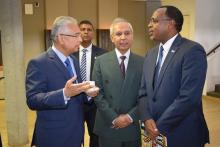 Dr Hon P. Jugnauth, Prime Minister of the Republic of Mauritius discussing with Dr Hon. A. Husnoo, Health Minister and Dr L. Musango, WHO Representative in Mauritius
