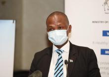 HE Minister of Health and Wellness Dr Edwin Dikoloti delivering appreciation remarks at the UK-EMT meet and greet event