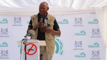 Malaria treatment beneficiary gives testimony on surviving the disease during the World Malaria Day commemoration in Maun, May 2023