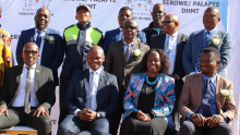 Group photo of Minister for Health Dr Edwin Dikoloti, WHO Botswana Country Representative Dr Josephine Namboze,  Deputy Permanent Secretary Dr Tshepo Machacha, Member of Parliament for Serowe North Hon. Baratiwa Mathoothe, Kgosi Serogola Seretse, Director of Lab Services, Mpaphi Mbulawa and other dignitaries at the World Blood Donor Day 2023 commemoration in Serowe. 