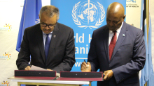 His Excellency Dr Mokgweetsi Eric Keabetswe Masisi, President of the Republic of Botswana, and the WHO Director-General Dr Tedros Adhanom Ghebreyesus sign the agreement