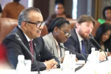 World Health Organization (WHO) Director-General, Dr Tedros Adhanom Ghebreyesus, WHO Namibia Officer-in-Charge, Dr Mary Brantuo, and WHO Head, Leadership & Internal Communications, Mr Paul Garwood.