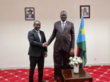 Dr Humphrey Karamagi, presents his letter of credentials to Honorable Ramadan Mohamed Abdallah Goc, Minister of Foreign Affairs and International Corporation, South Sudan